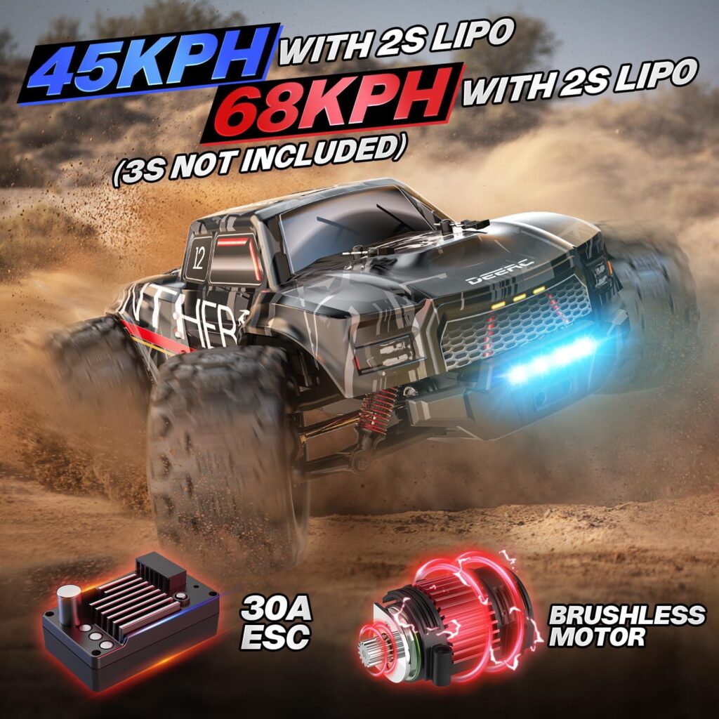 DEERC Ferngesteuertes Auto 1:14 Bürstenloser Motor 75 km/h 4WD RC Monstertruck mit Farbiges Licht, 2 Akku, 2.4-GHz All-Terrain Rennauto, Crawler Spielzeug Geschenk für Kinder